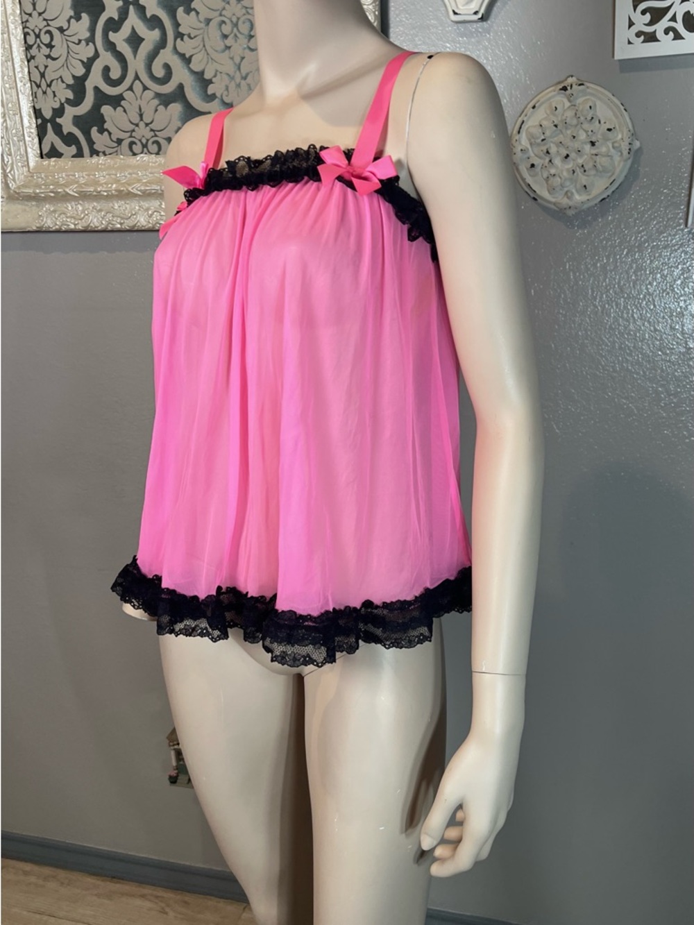 Victoria’s Secret Pink Babydoll Chemise with Black Lace Trim - Picture 6 of 11